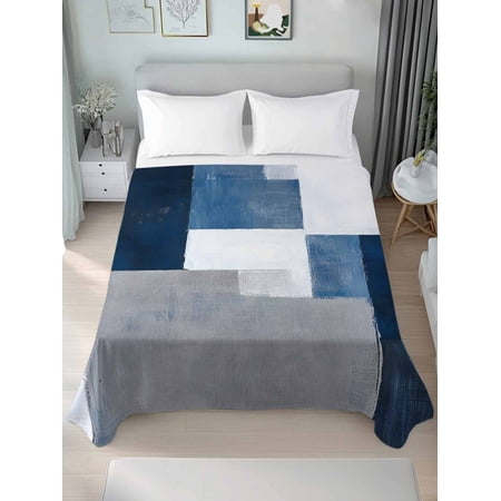 Abstract Blue King Size Flat Sheet, Wrinkleproof & Fadeproof Cooling Flat Bed Sheet Only, Vintage Grey White Mottled Paint Art Breathable Soft Bedding Top Sheets 105 x 98 Inches