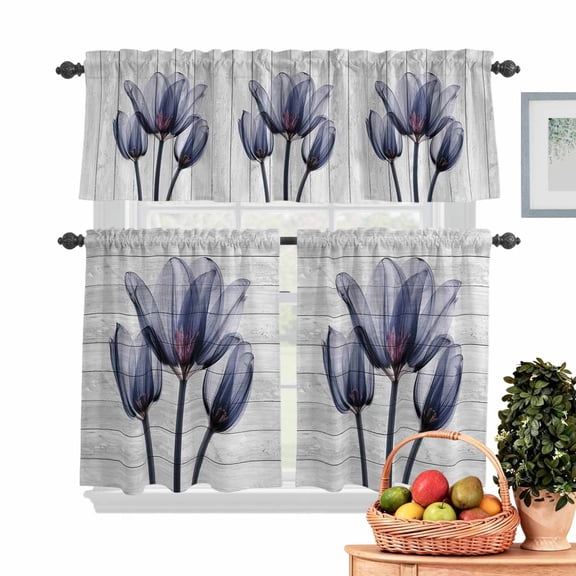 Abstract Blue Kitchen Curtains Valances 3 Piece Set, Tulip Ray Wood Grain Rod Pocket Tier Curtain and Valance Drapes for Small Window 24 Inch Length for Bedroom Cafe