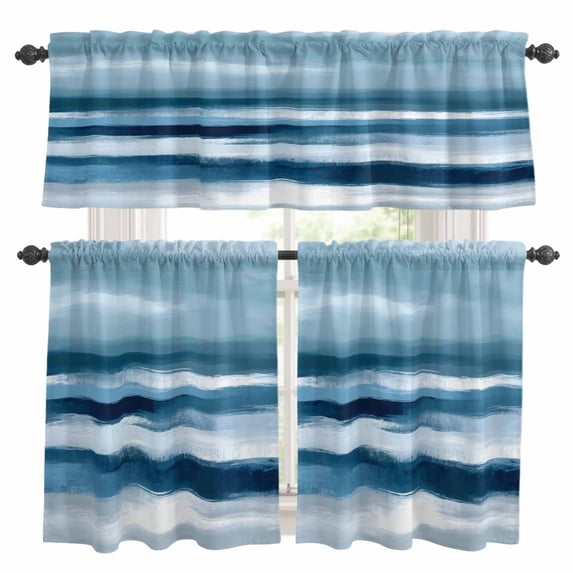 Abstract Blue Kitchen Curtains Valances and Tiers Set of 3 Retro Watercolor Ripple Tier Curtains and Valance with Rod Pocket for Small Windows, 27.5"x36"