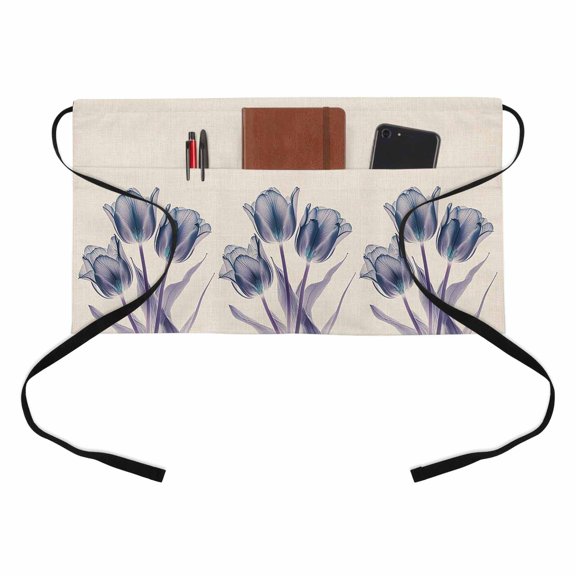 Abstract Blue Kitchen Restaurant Half Waist Apron, Tulip Ray Beige Texture Server Short Apron with 3 Pockets Waterproof Oil Waist Aprons for Women Waitress Waiter