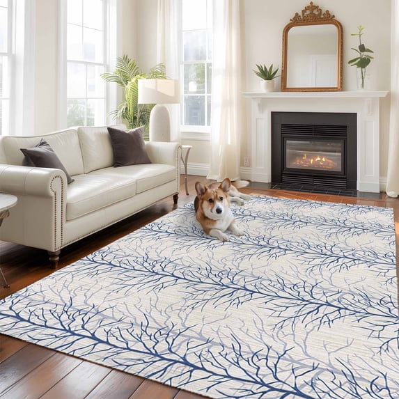 Abstract Blue Large Area Rugs 5x8 ft Tree Branch Pattern Washable Rug Non Slip Indoor Carpet Absorbent Floor Mat for Living Room Bedroom Dining Room