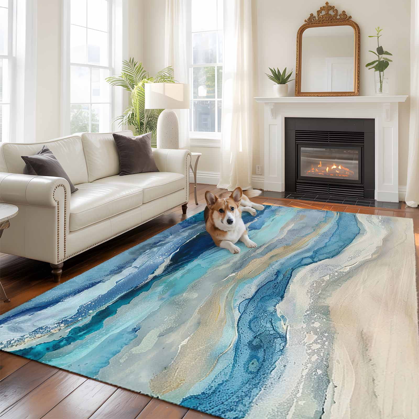 Abstract Blue Large Area Rugs 8x10 ft Gradient Beach Ocean Wave Oil ...