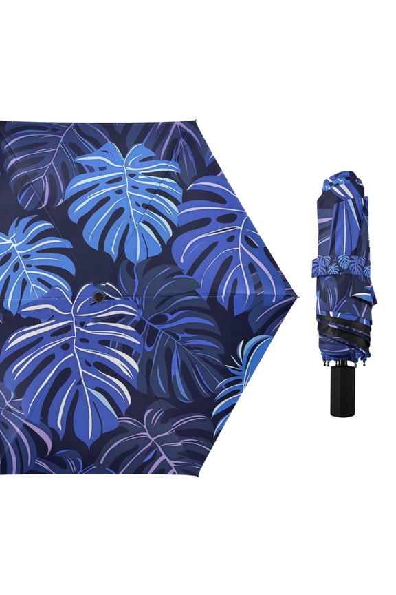 Abstract Blue Leaf Compact Sun Umbrella Windproof Travel Umbrellas for Rain Strong Portable UV Protection