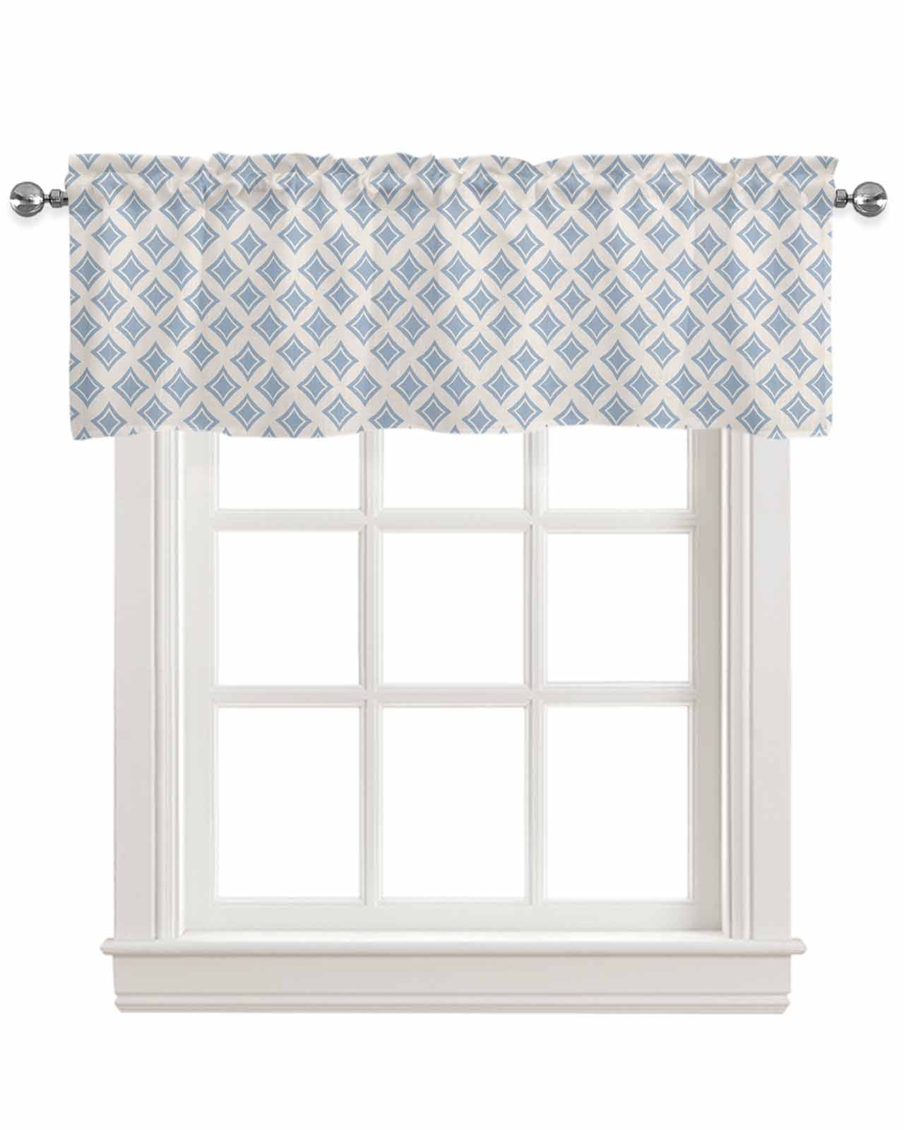 Abstract Blue Linen Curtain Valance for Bedroom/Bathroom/Kitchen/Office/Living/Dining Room Windows,Geometric Simple Modern Boho Art Rod Pocket Topper Drapes Decorative Cafe Drapery Panel 60x18
