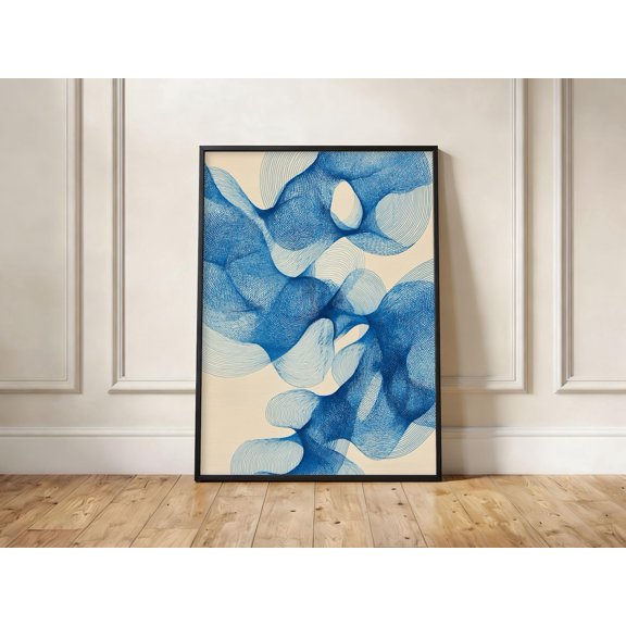 Abstract Blue Lines Flowing Minimalist Wall Art Modern Geometric Waves Calming Artwork, Unframed Paper Print