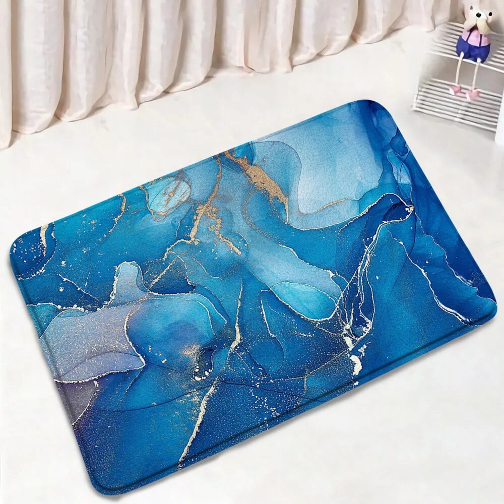 Abstract Blue Marble Bath Mat Set Gold Line Texture Modern Home Carpet