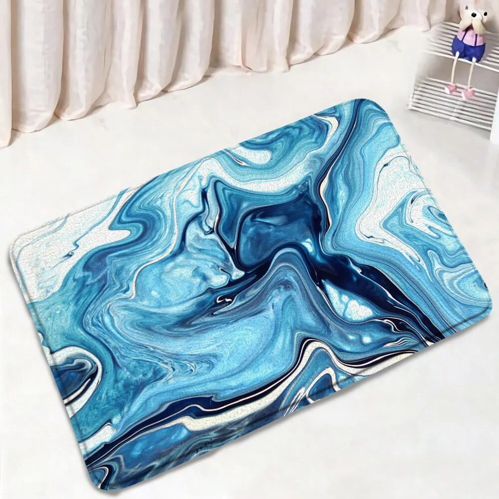 Abstract Blue Marble Bath Mat Set Gold Line Texture Modern Home Carpet