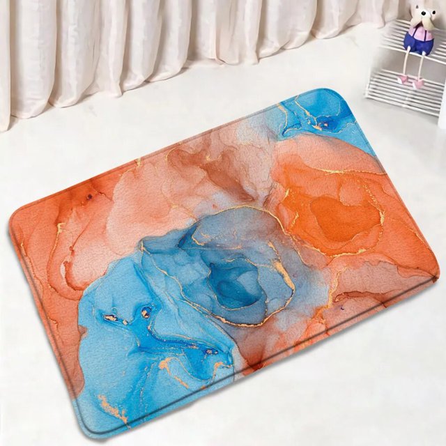 Abstract Blue Marble Bath Mat Sets Modern Watercolour Geometric Pattern