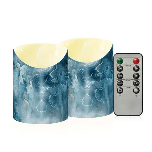 Abstract Blue Marble Flickering Flameless Candles with Remote Timer Battery Operated LED Tealight Set of 2 S