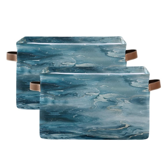 Abstract Blue Marble Square Storage Bins with Handles Collapsible Containing Box 2 Packs