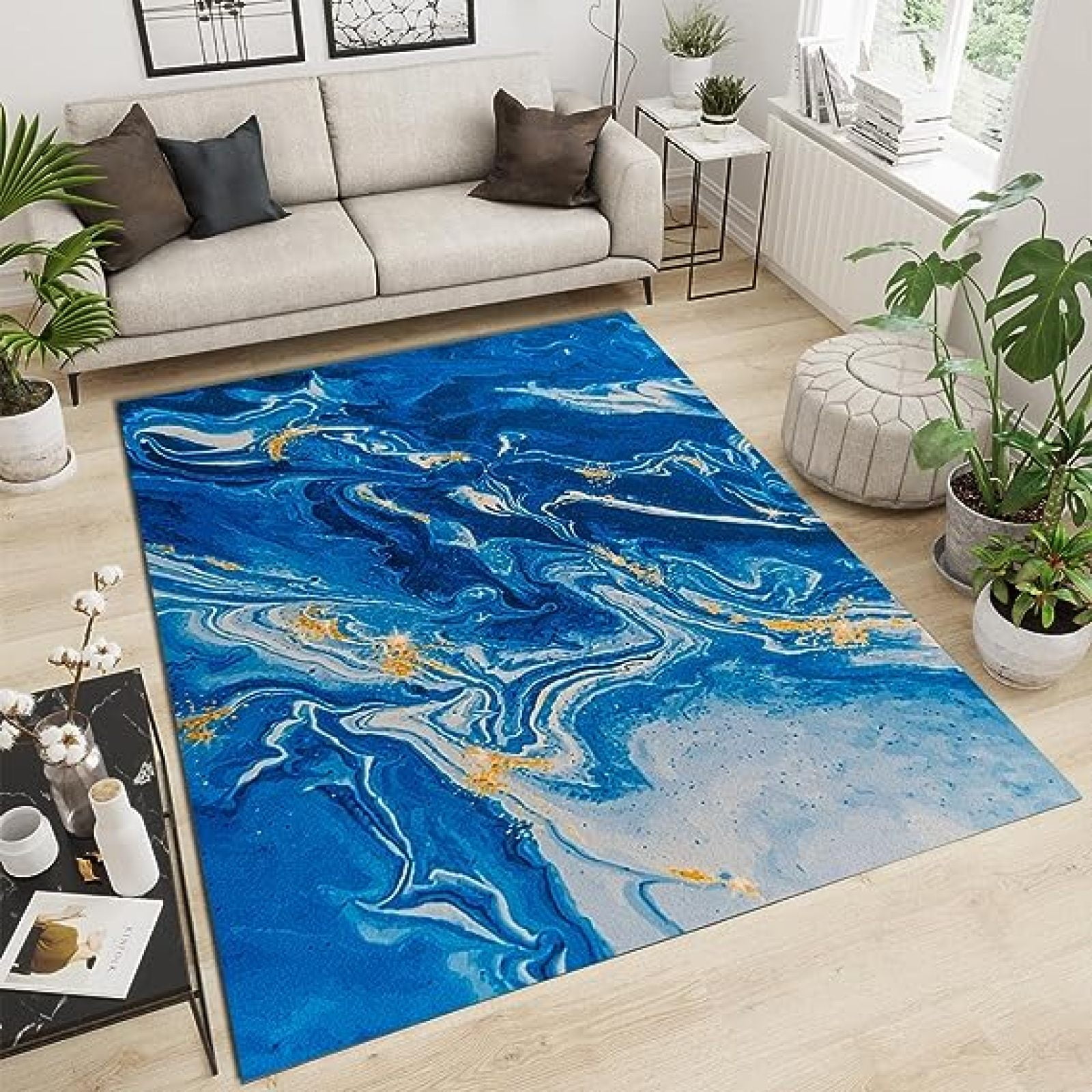 Abstract Blue Marble Swirl Area Rug, Black Gold White River Accent