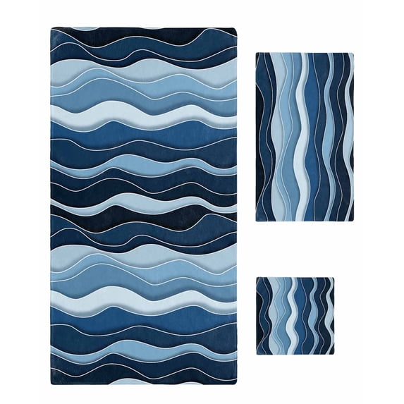 Abstract Blue Moire Towel Set of 3, Soft Microfiber Bath Towels, Hand Towel, Washcloths, Gradient Coastal Ocean Geometric Waves Quick-Dry Absorbent Towels for Bathroom Kitchen Hotel Beach Gym Spa