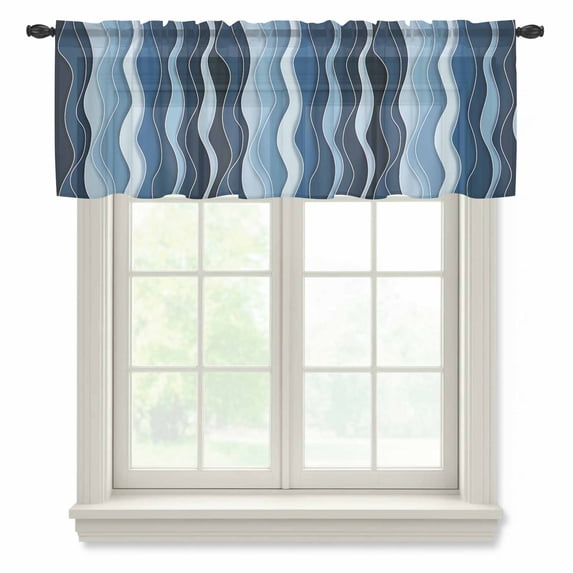 Abstract Blue Moire Valance Curtains for Kitchen/Living Room/Bathroom/Bedroom Window,Rod Pocket Small Topper Half Short Window Curtains Sheer Scarf,Gradient Coastal Ocean Geometric Waves 42"x12"