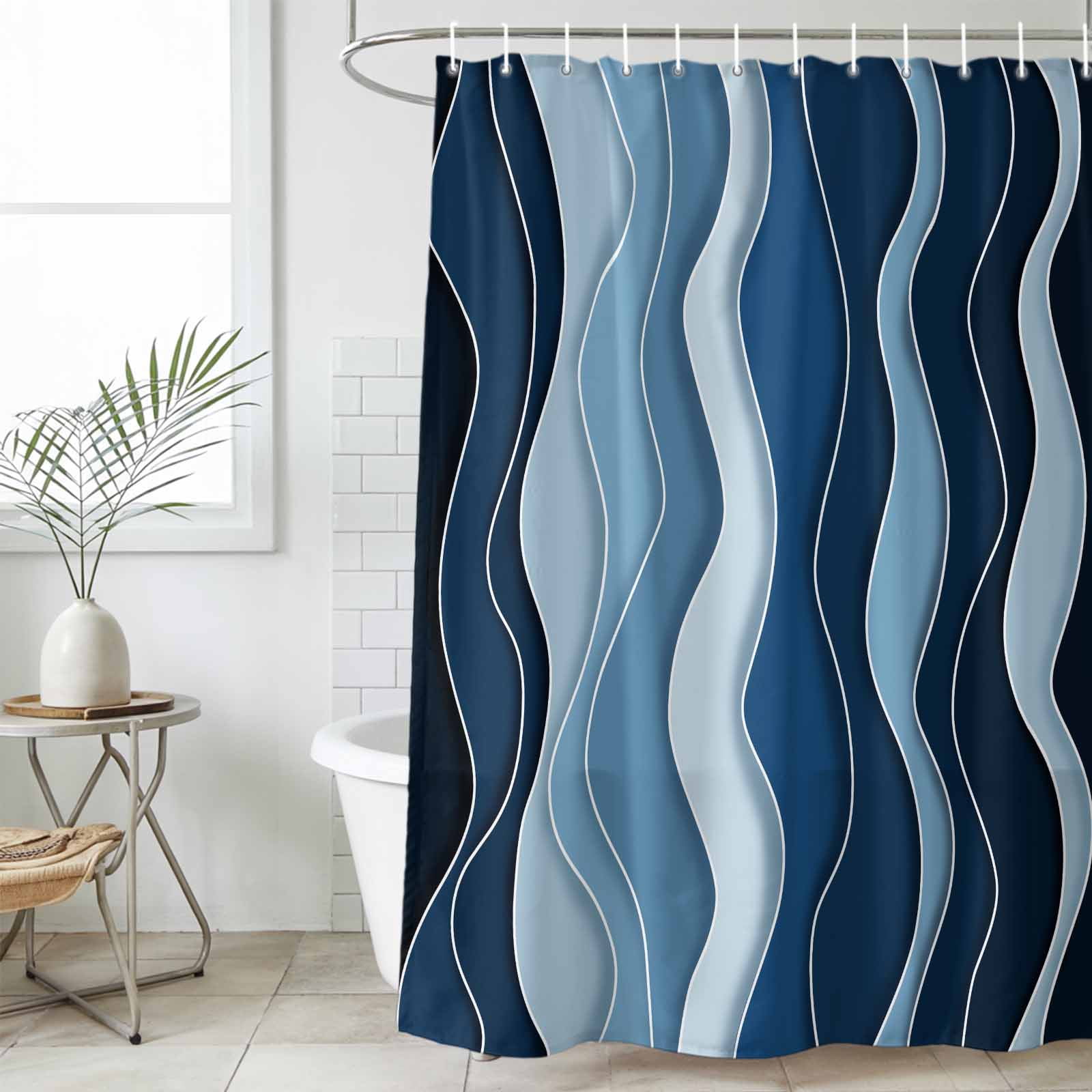 Abstract Blue Moire Waterproof Fabric Shower Curtain,Gradient Coastal