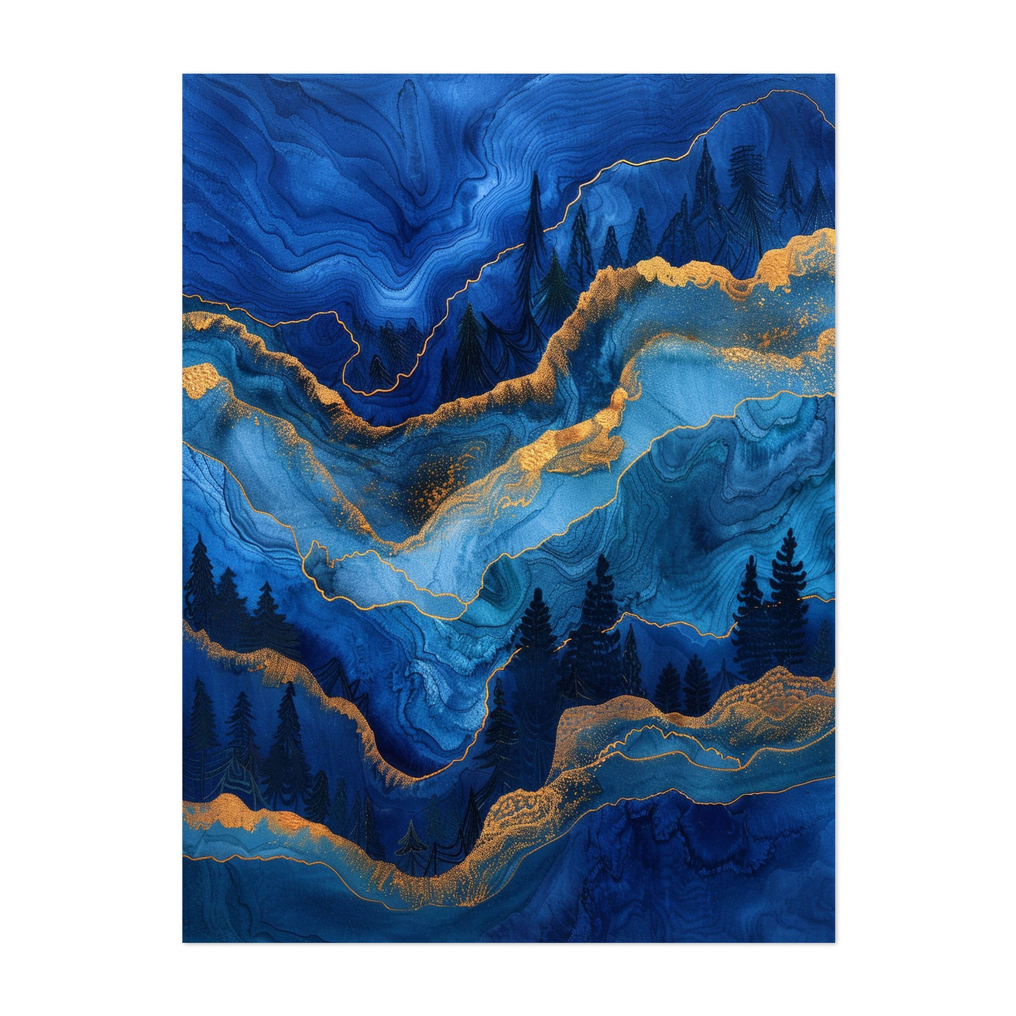 Abstract Blue Mountain Landscape with Gold Accents - Painting Abstract ...