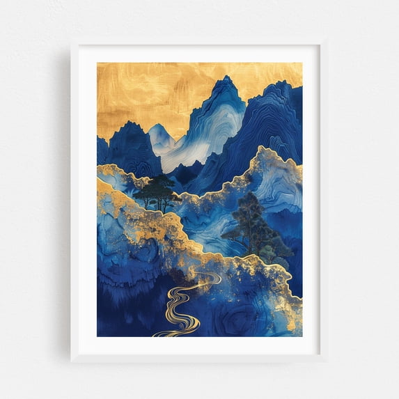 Abstract Blue Mountains with Gold Accents and River - Painting Abstract ...