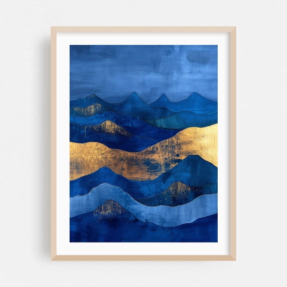 Abstract Blue Mountains with Gold Splashes Texture - Painting Abstract Modern Art Geometric Mountain Landscape Scenic Minimalist Oak Framed Wall Art Print 9 x 12 inches