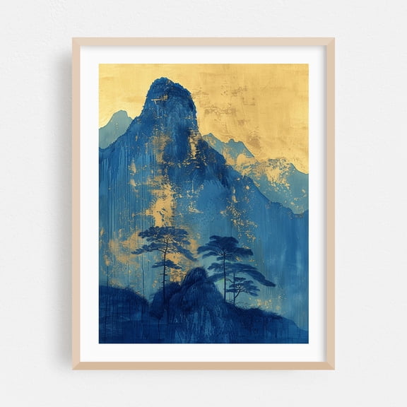 Abstract Blue Mountains with Gold Splatter - Painting Mountain Abstract Landscape Nature Modern Art Scenic Minimalist Oak Framed Wall Art Print 18 x 24 inches