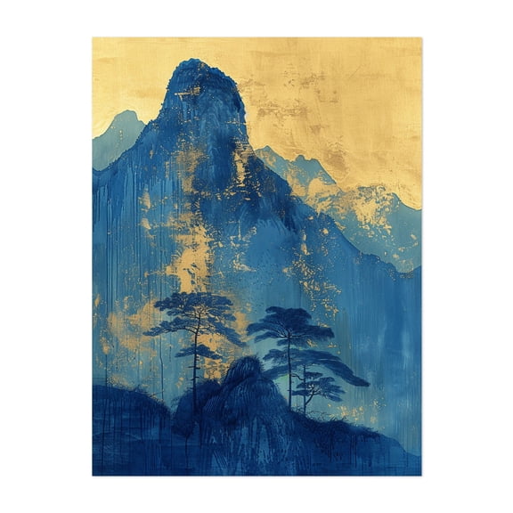 Abstract Blue Mountains with Gold Splatter - Painting Mountain Abstract Landscape Nature Modern Art Scenic Minimalist Unframed Wall Art Print 5 x 7 inches