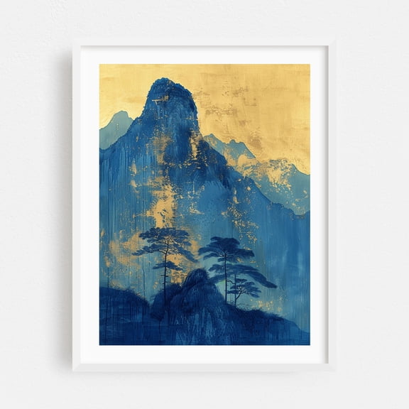 Abstract Blue Mountains with Gold Splatter - Painting Mountain Abstract Landscape Nature Modern Art Scenic Minimalist White Framed Wall Art Print 18 x 24 inches