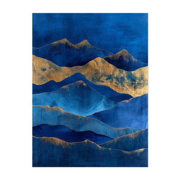Abstract Blue Mountains with Gold Texture Overlay and Golden Lines - Painting Abstract Modern Art Landscape Mountain Geometric Scenic Nature Unframed Wall Art Print 5 x 7 inches