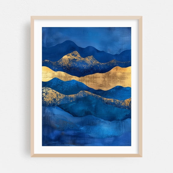 Abstract Blue Mountains Landscape with Gold Splashes and Texture - Painting Abstract Modern Art Geometric Minimalist Waves Oak Framed Wall Art Print 18 x 24 inches