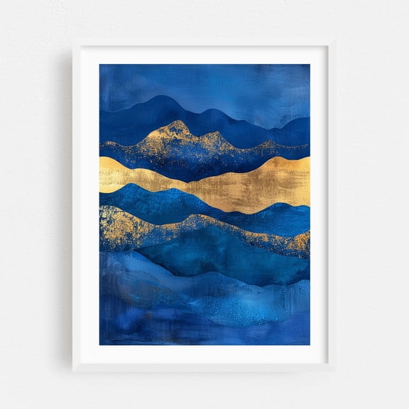 Abstract Blue Mountains Landscape with Gold Splashes and Texture - Painting Abstract Modern Art Geometric Minimalist Waves White Framed Wall Art Print 5 x 7 inches