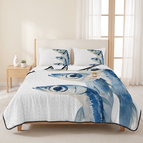 Abstract Blue Ocean Fish 3 Pieces Quilt Set,1 Quilt with 2 Shams,Watercolor Marine Life Bedspread Soft Lightweight Bedding Coverlet Comforter Set for All Season 96"x106"