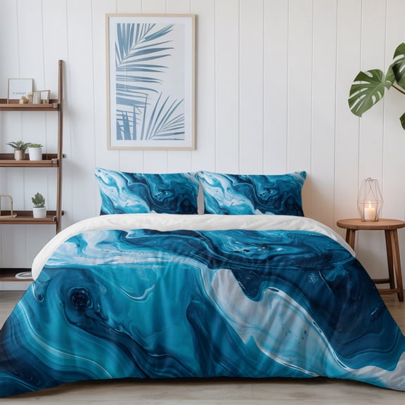 Abstract Blue Ocean Flowing California King Size Bed Set,Sea Waves Art Bedding for All Seasons,4 Pcs Bed Set with 1 Quiltcover (96"x104"),1 Sheet (110"x98"),2 Pillowcases (20"x36")