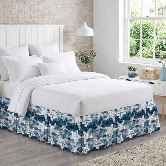 Abstract Blue Ocean Starfish Bed Skirt Queen Size 18 Inch Drop, Vintage Nautical Coastal Sea Beach Waves Adjustable Elastic Dust Ruffles Bedskirt for Queen Bed Wrap Around Pleated Mattress Cover