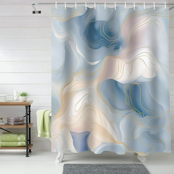 Abstract Blue Ombre Marbling Shower Curtain, Watercolor Golden Lines Shower Curtain Set with Hooks, Spring Summer Waterproof Fabric Shower Curtains for Bathroom Decor, 72x84inch Bath Curtain