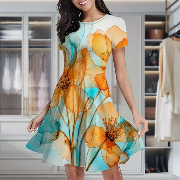 Abstract Blue Orange Flowers Women's Classic Swing Skater Dress Casual Work Party Cocktail Dresses
