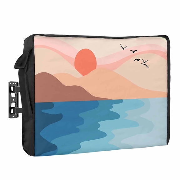 Abstract Blue Outdoor TV Cover 30 to 32 inch Weatherproof Waterproof, Ocean Pink Mountain Sun at Sunset TV Enclosures with Remote Control Pocket Flat Screen Protector for Outside