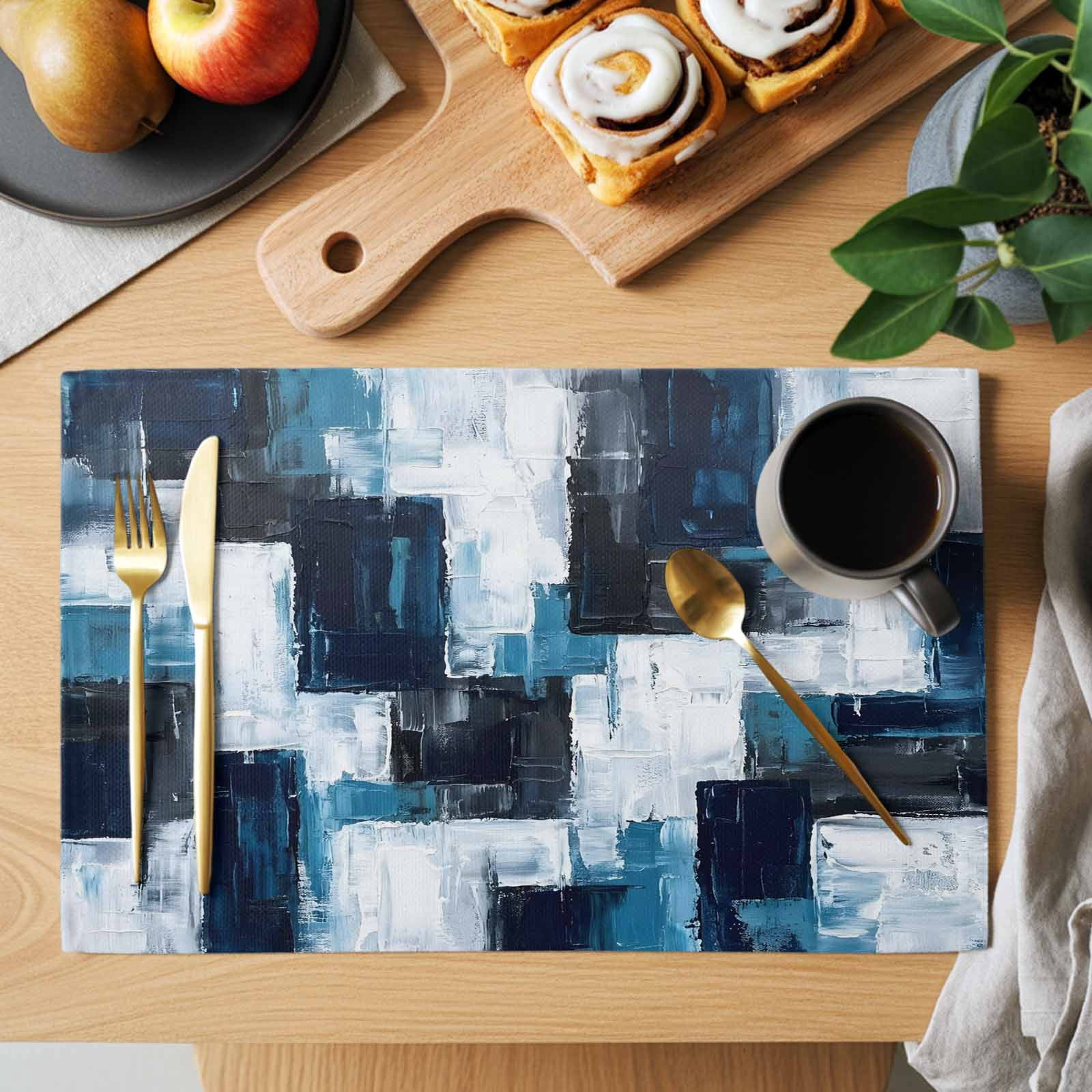 Abstract Blue Placemats Set of 4, Black White Color Block Geometric Oil ...