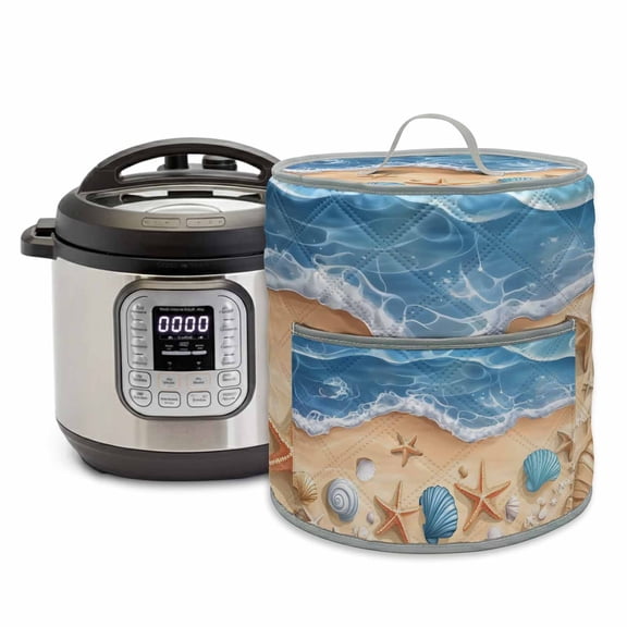 Abstract Blue Pressure Cooker Cover Beach Starfish Seashell Sand Ocean Waves Dust Cover for Kitchen Appliances with Top Handle & Storage Pockets, Fits 6 Quart Instant Pot, Air Fryer, Crock Pot