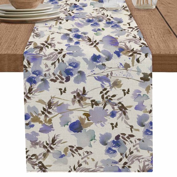 Abstract Blue Purple Flower on Linen Table Runner-36 Inch Long Farm Wildflower Table Runners Linen Burlap Tablerunner for Kitchen Dining Room Holiday Party