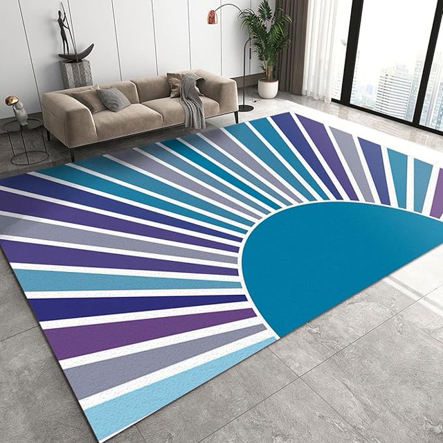 Abstract Blue Purple Gradient Sun Stripes Area Rugs, MidCentury