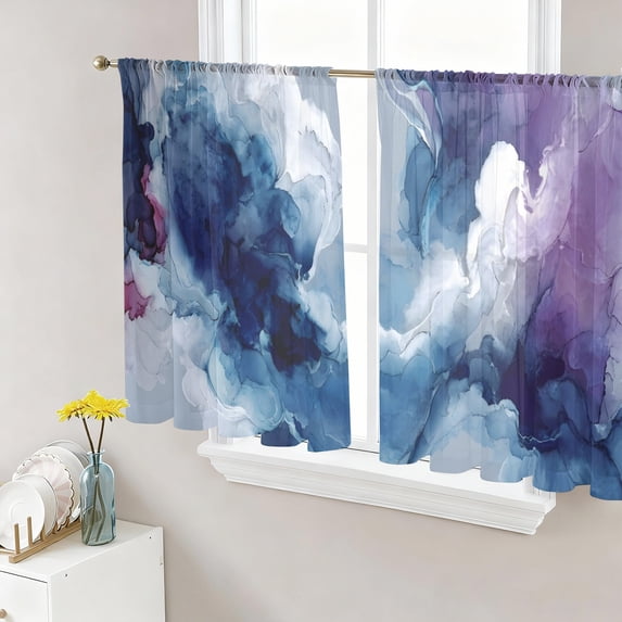 Abstract Blue Purple Semi Sheer Curtains 54 Inch Length 2 Panels Set, Modern Minimalist Geometric Sheer Kitchen Curtain Privacy Voile Window Curtain for Living Room Bedroom Rod Pocket Drapes