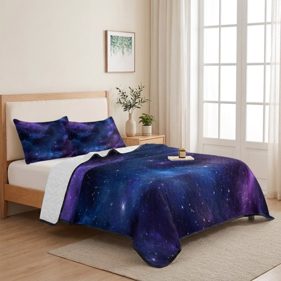 Abstract Blue Purple Starry Sky 3 Pieces Quilt Set,1 Quilt with 2 Shams,Modern Stars Milky Way Bedspread Soft Lightweight Bedding Coverlet Comforter Set for All Season 68"x98"