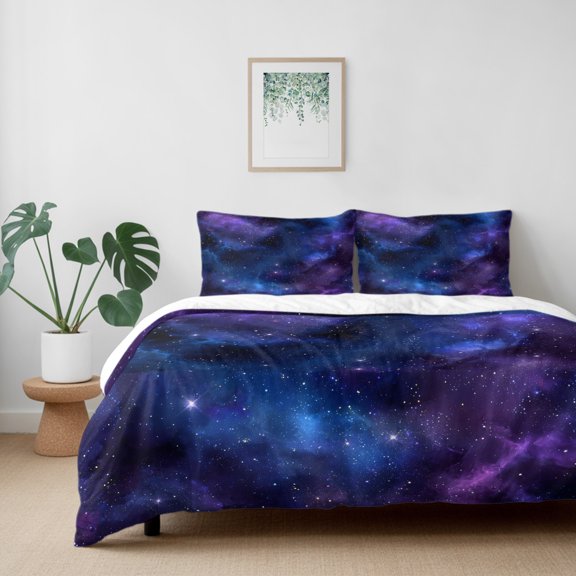 Abstract Blue Purple Starry Sky California King Size Bed Set,Modern Stars Milky Way Bedding for All Seasons,4 Pcs Bed Set with 1 Quiltcover (96"x104"),1 Sheet (110"x98"),2 Pillowcases (20"x36")