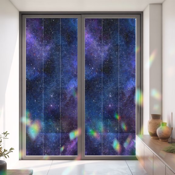 Abstract Blue Purple Starry Sky Window Privacy Film, Rainbow Film Decorative Window Sticker 35.4x78.7in, Modern Stars Milky Way Sun Blocking Static Stained Glass Cling Tint Non-Adhesive