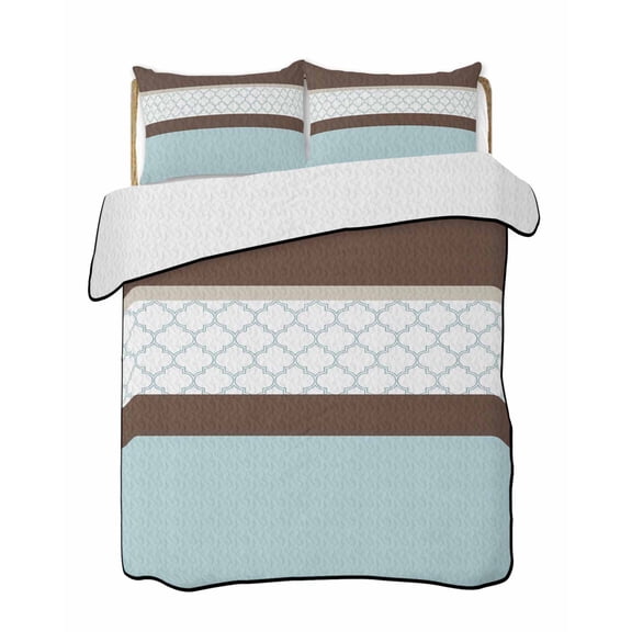 Abstract Blue Quilts Bedding Set California King Brown Stripes Moroccan Geometric Modern Retro Lightweight Quilted Bedspread 3 Piece Bed Quilt with 2 Pillow Shams All Season for Bedroom 96" x 106"