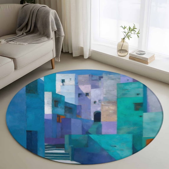 Abstract Blue Round Area Rug 3Ft Washable Small Circle Rugs for Kitchen Entryway, Painting Buildings Geometric Color Block Non-Slip Carpet Floor Mats Indoor Outdoor Carpet Runner Aesthetic Home Decor