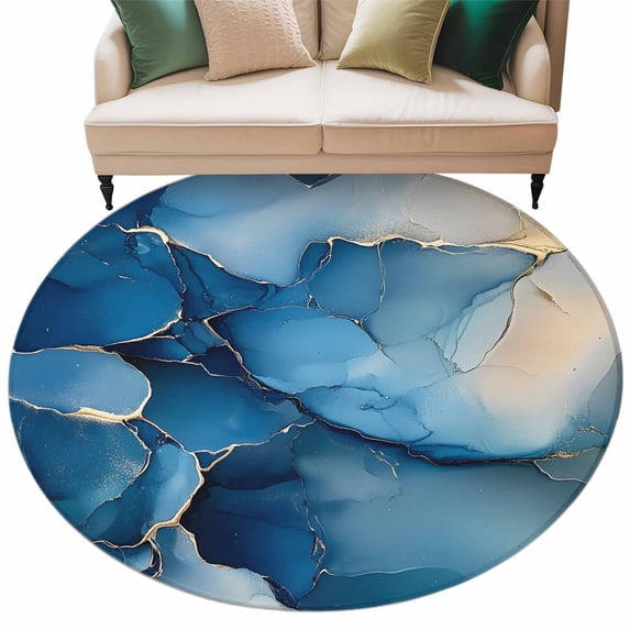 Abstract Blue Round Area Rug 8ft Marble Gold Cracks Texture Rock Modern Art Non-Slip Washable Circle Rugs Soft Felt Indoor Floor Mat for Bedroom Kitchen Living Room Bathroom