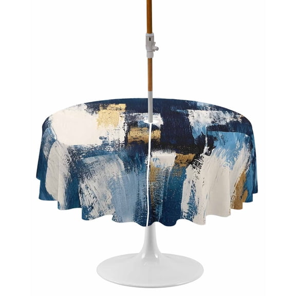 Abstract Blue Round Outdoor Tablecloth, Waterproof Table Cloth Cover with Umbrella Hole and Zipper, Splatter Foil Painting Grunge Modern Art Table Protector for Patio Party Picnic 54" Round