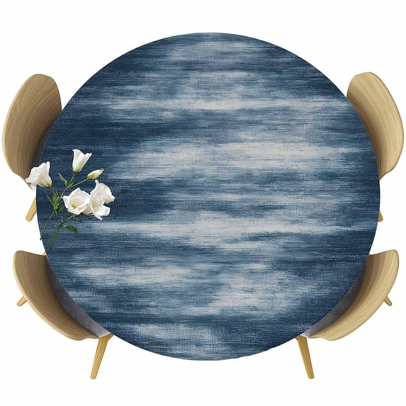 Abstract Blue Round Tablecloth 55-60 Inch Round Fitted Table Cloth with Elastic Edge, Watercolor Gradient Neutral Brush Textured Waterproof Table Cover Protector for Outdoor Picnic Party Dining