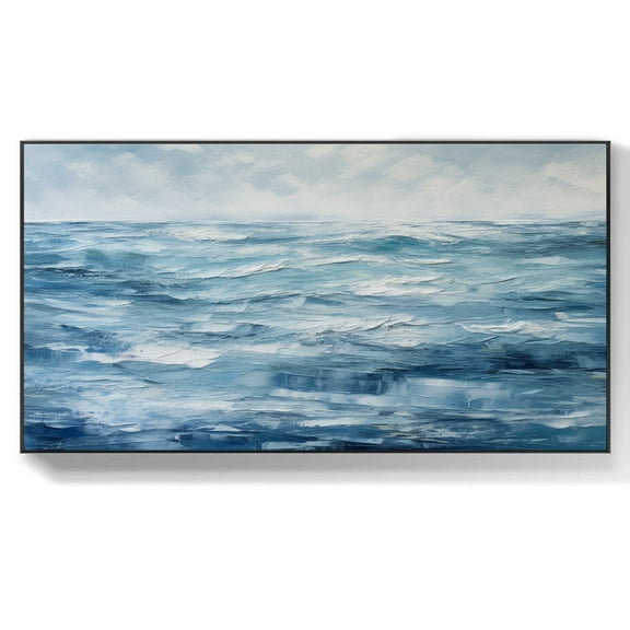 Abstract Blue Seascape Oil Painting on Canvas Acrylic Ocean Wall Art Blue Sea Scene Painting for Living Room Wall Decor,Unstretched,Frameless,(41*61cm)16*32Inches