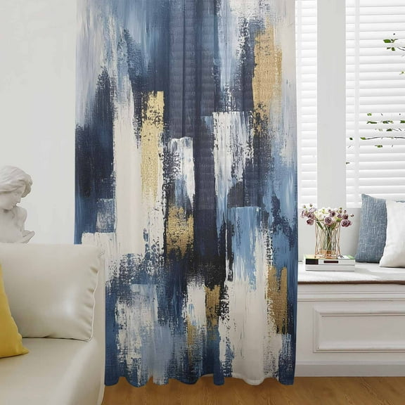 Abstract Blue Semi Sheer Curtains Drapes for Living Room, Bedroom, French Doors Window 45 Inches Long, Splatter Foil Painting Grunge Modern Art Rod Pocket Chiffon Curtain Drapery Voile Drape Panel