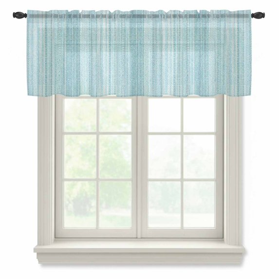 Abstract Blue Semi Sheer Valance Curtains Rustic Farmhouse Minimalist Blue Teal Vertical Striped Lines Voile Valances Curtain Rod Pocket Small Window Treatment for Kitchen Bathroom Cafe 42"x18"