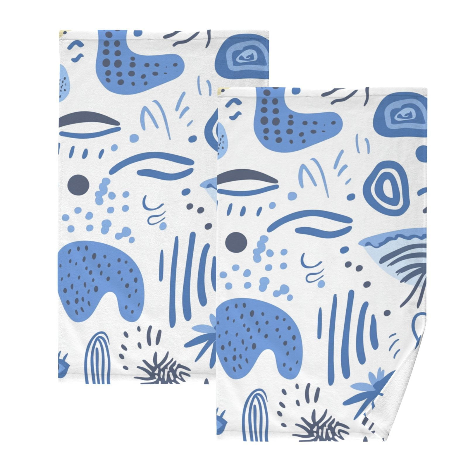 Abstract Blue Shapes Doodles Hand Towels Cotton Bath Towels Large Face Towels Absorbent for Bathroom 2 Packs
